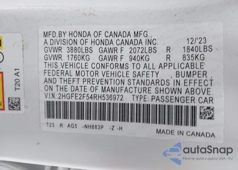 2024 Honda Civic Sport z USA, uszkodzony, nr VIN 2HGFE2F54RH536972